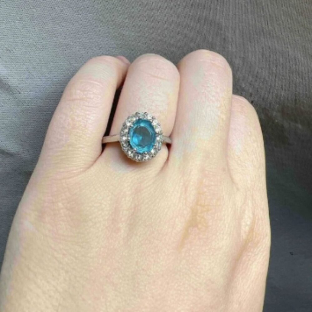 Sterling Silver 925 Oval Aquamarine Halo Ring